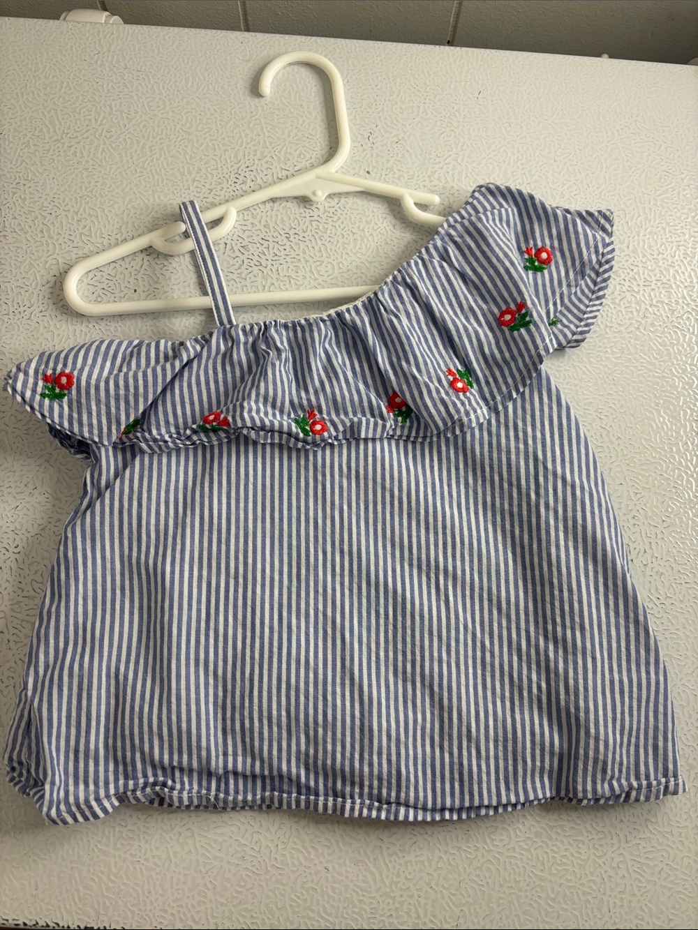 507 - Girls Blue & White Stripe One-Shoulder Top with Red Floral Embroidery